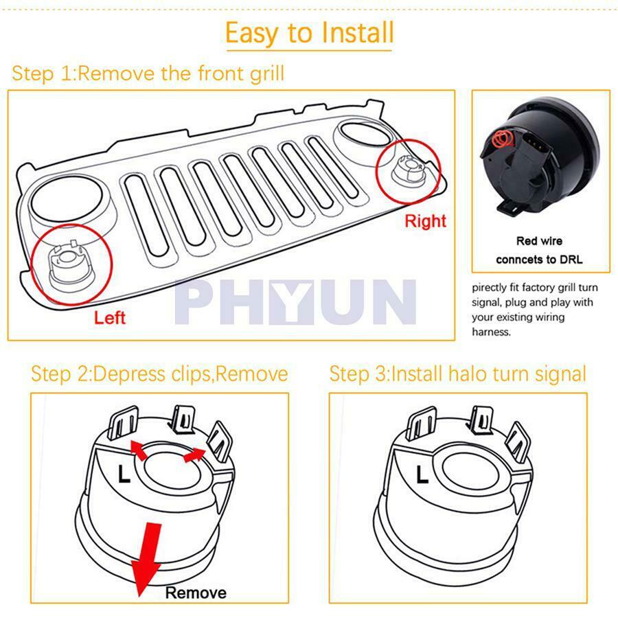 Pair Car Grill Turn Signal Light LED Amber+White Halo Ring For Jeep Wrangler JK