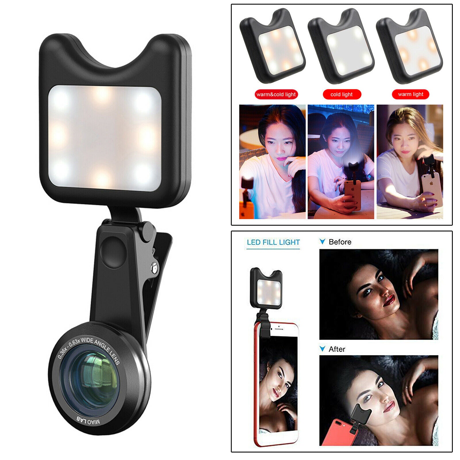 LED Rechargeable Fill Light witt Clip 5x Macro Lens for Phone Laptop Vlog