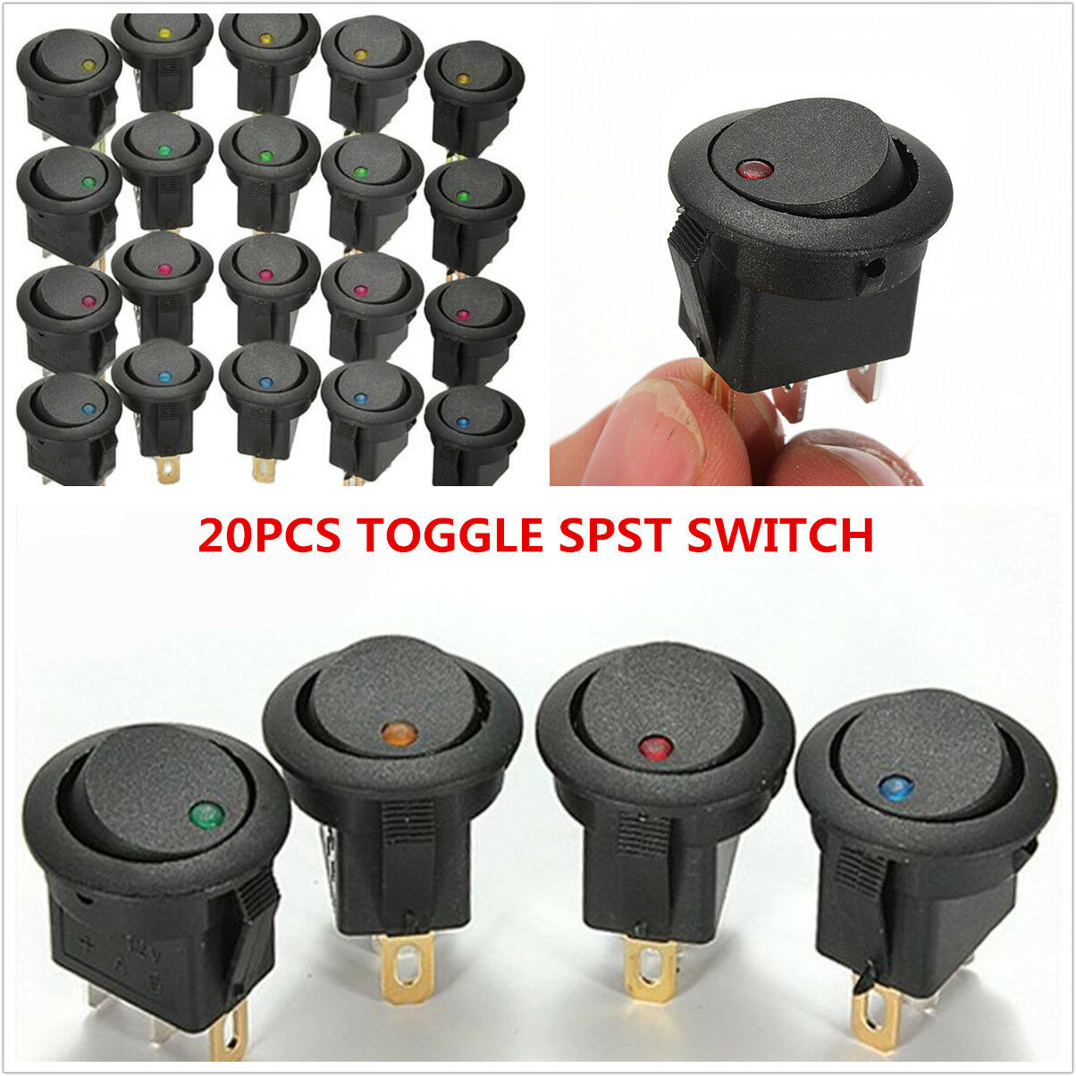 20PCS LED Dot Light 12V Car Auto Boat Round Rocker ON/OFF TOGGLE SPST SWITCH