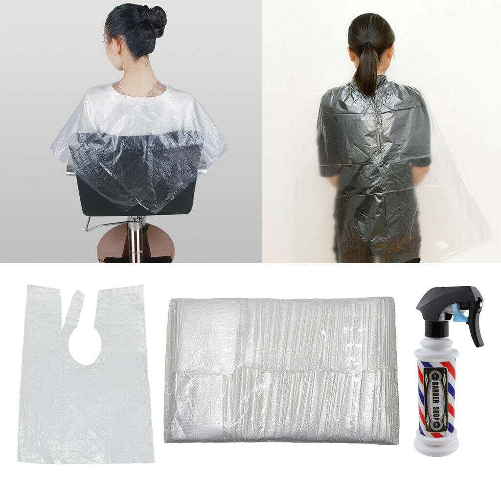 100pcs Disposable Hair Cutting Capes & Spray Bottle Gowns Barber Cloth Apron