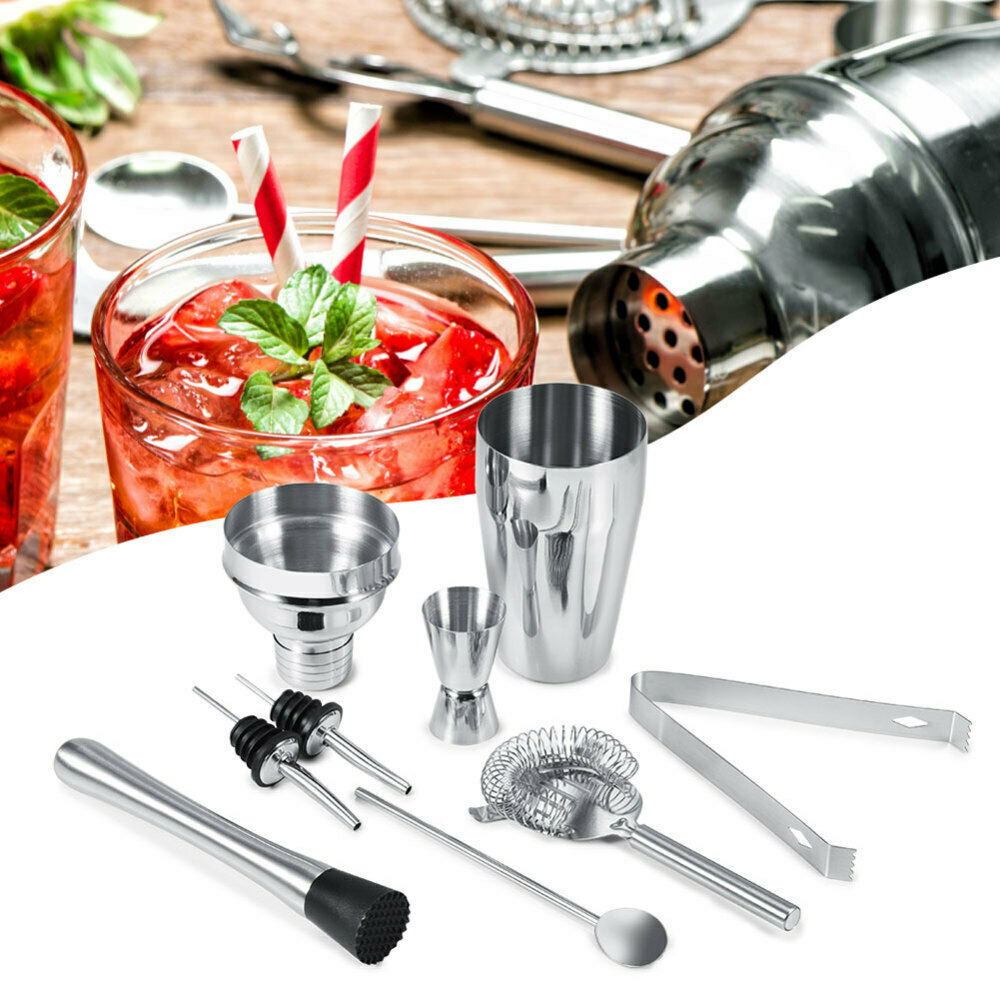 8Pcs Stainless Steel Cocktail Shaker Set Ice Tong Mixing Spoon Pourers Bar Tools