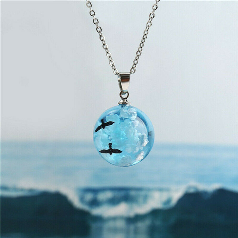 Charm White Clouds Blue Sky Birds Glass Ball Pendant Necklace Terrarium 2.8cm