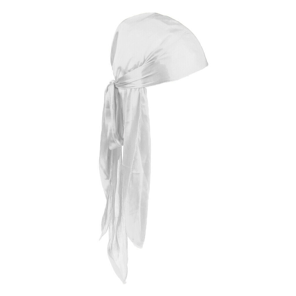 Unisex Soft Silky Durag Long Tail Wave   Headwrap Headscarf Headwear White