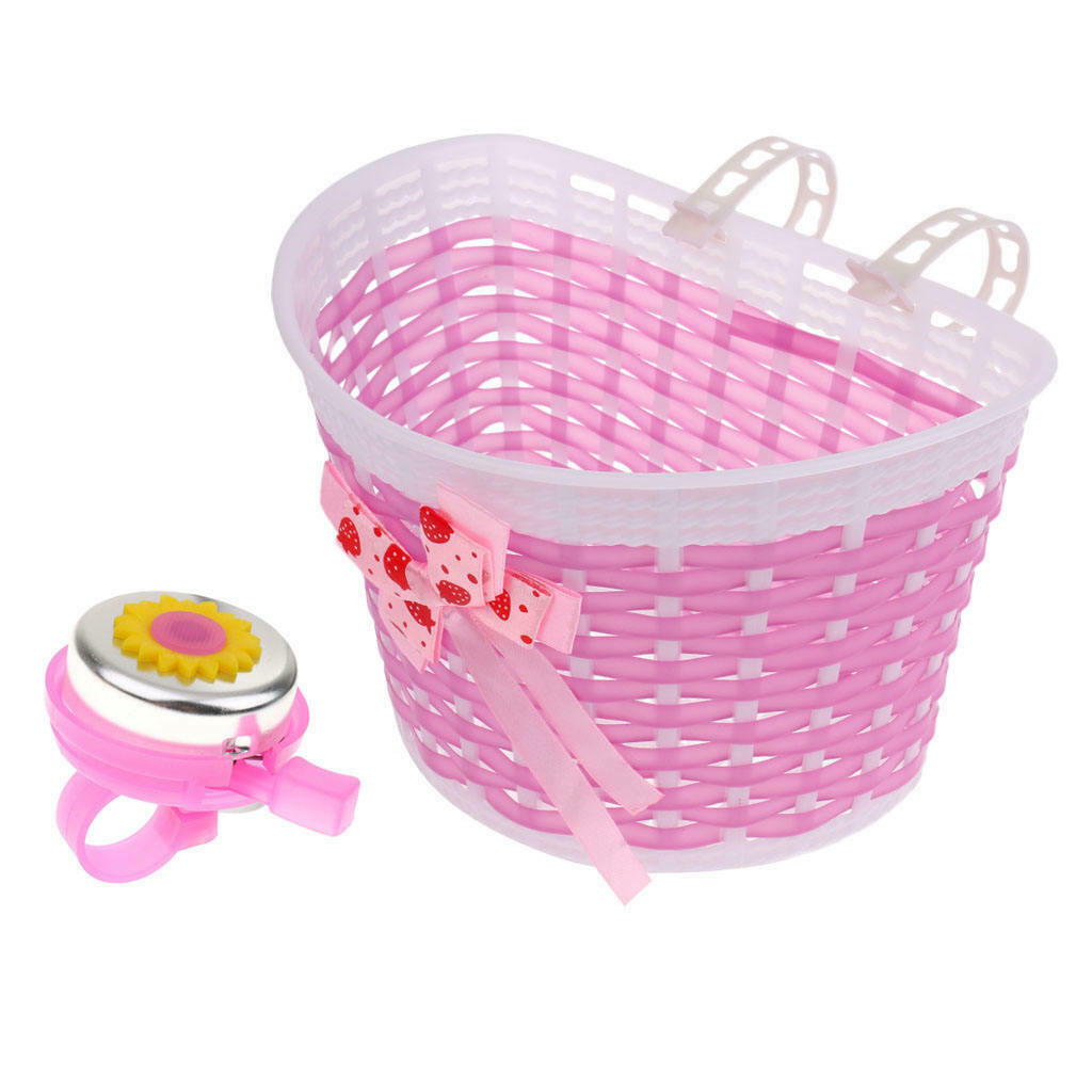 2Pcs Children Kids Girls Bike Front Basket with Bowknots Warning Bell Set