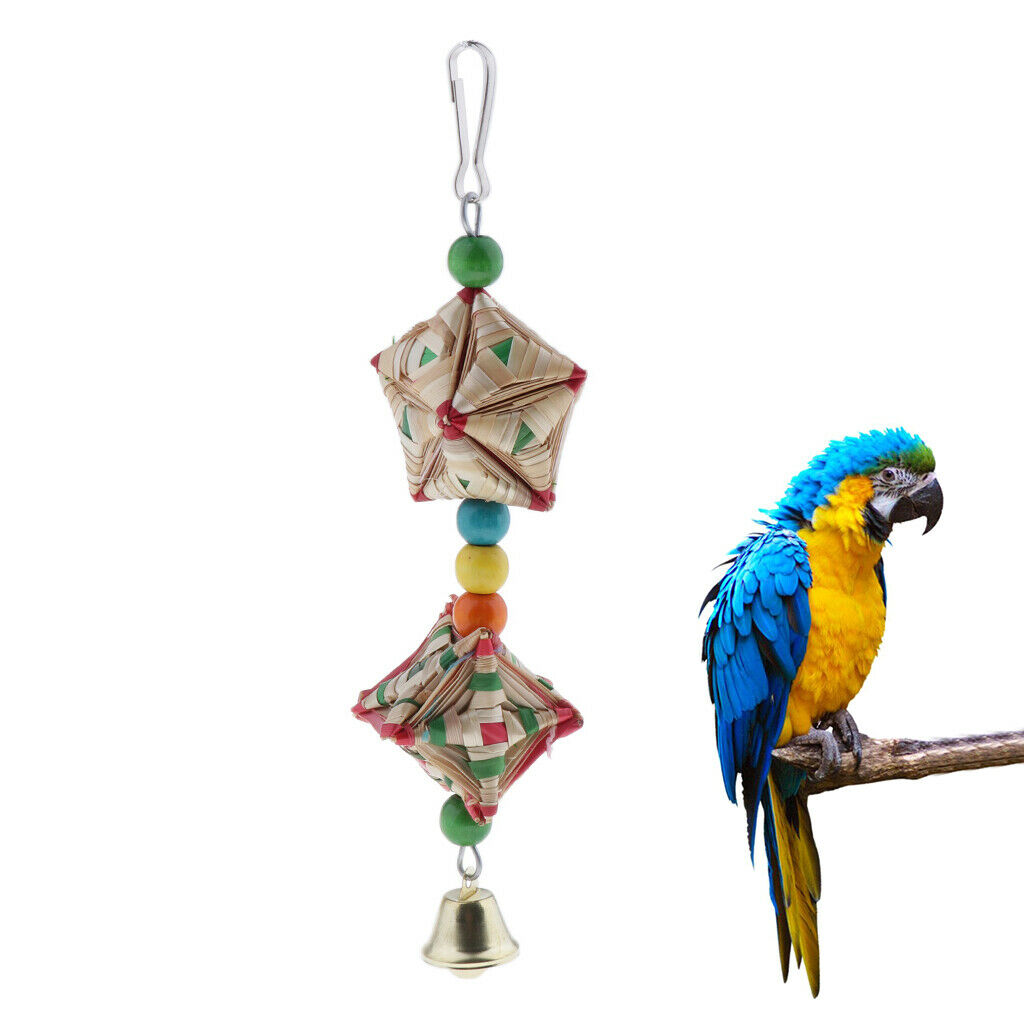 Natural Straw Bird Chewing Toys with Bells Hanging Parrot Toys Bird Cage Pendant