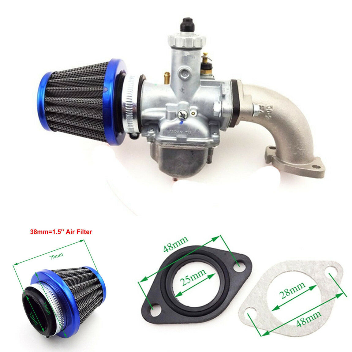 Motorcyle Dirt Bike 26mm Carburetor + 38mm Air Filter + Intake Pipe + Gasket Kit