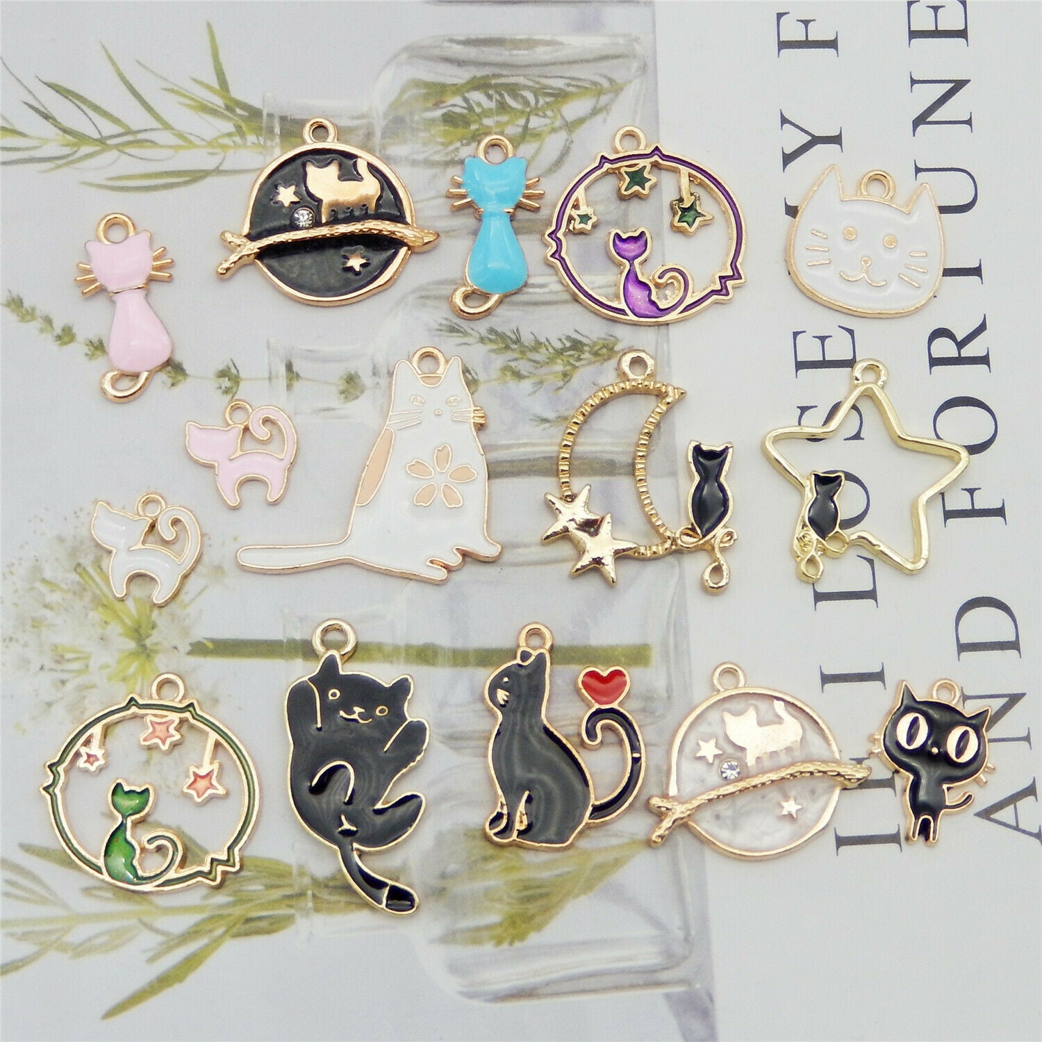 15PCS Assorted Enamel Plated Mixed Kitty Cat Animals Charms Pendant DIY Findings