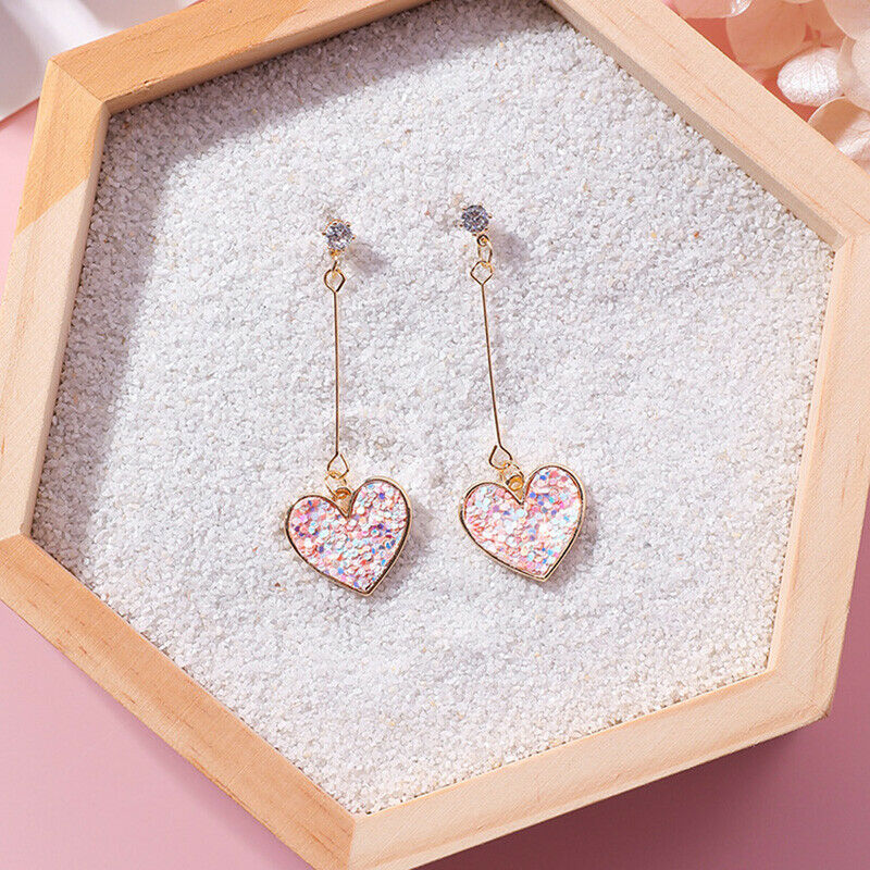 Women Crystal Pink Heart Long Drop Dangle Earrings Ear Studs Jewelry G AT.l8