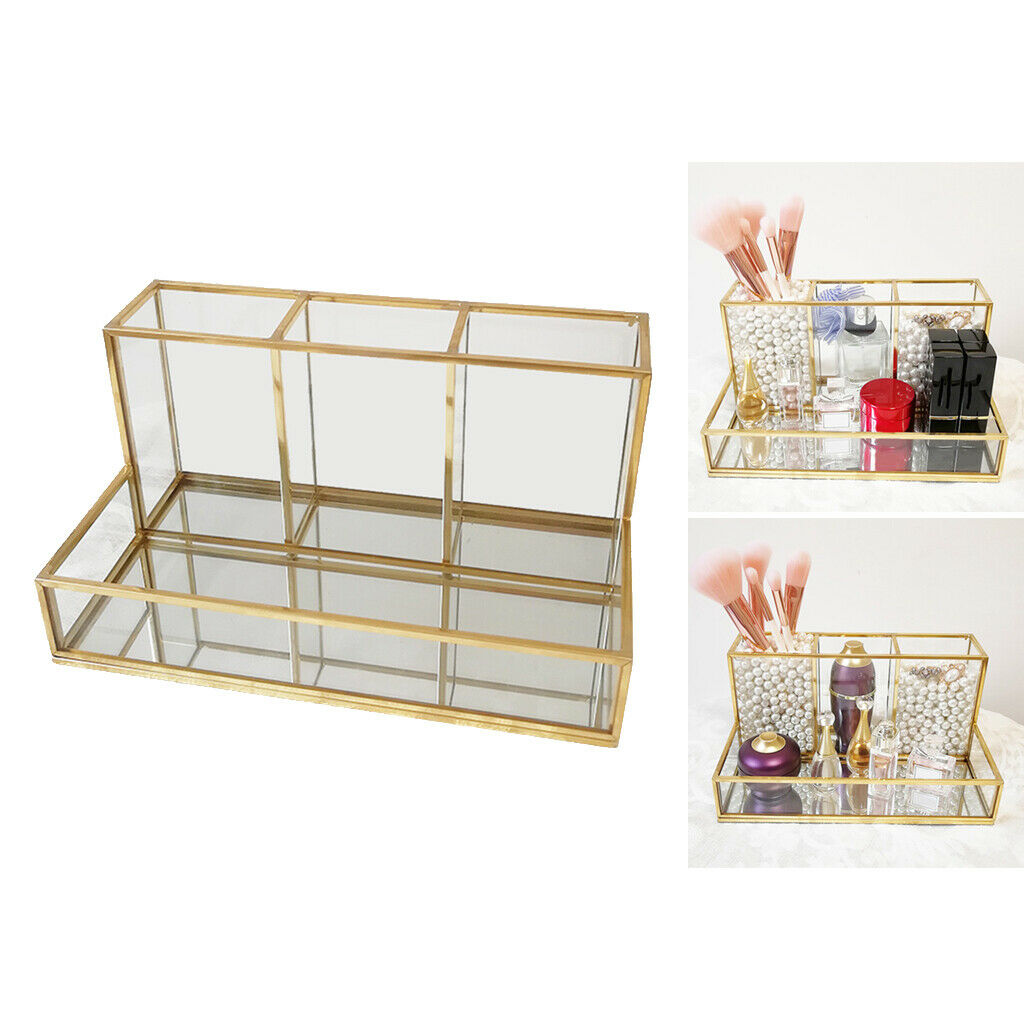Clear Glass Make Up Brush Storage Organiser Case Display Lipstick Holder Tray