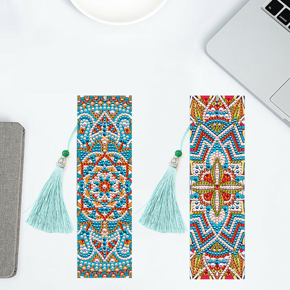 2pcs 5D DIY Special Shape Diamond Painting Leather Tassel Mandala Bookmarks @