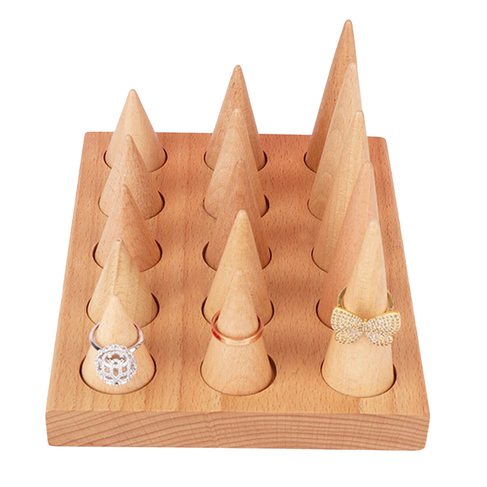 15 Finger Ring Jewelry Showcase Display Stand Cone Shape Organizer Wooden