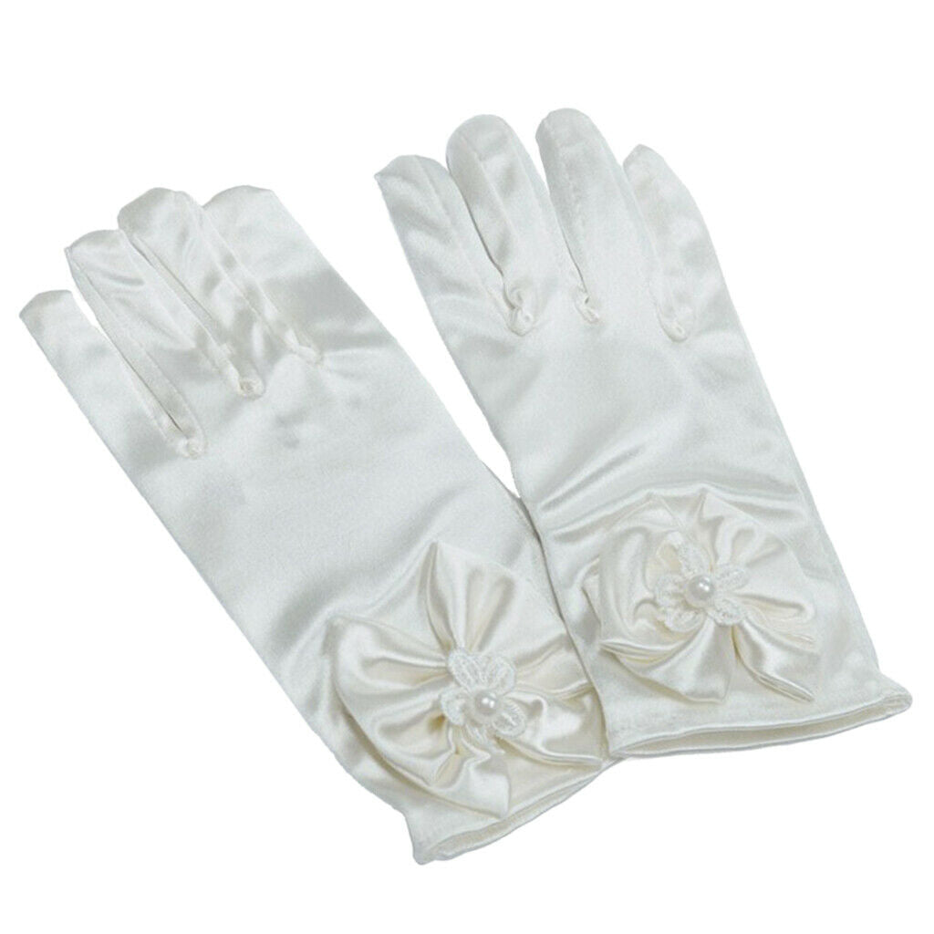 2pcs Wedding Girls Gloves Dress up Bow Gloves Kids Prom Costume 6-15Y Ivory