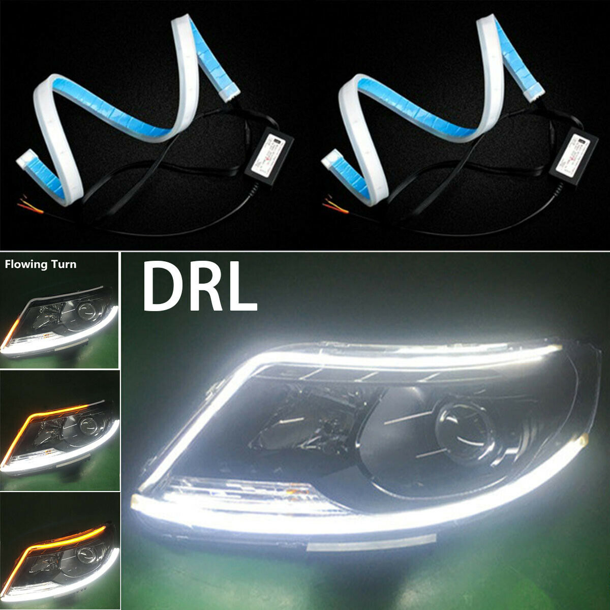 2Pcs Flexible White-Amber LED Strip Tube Light Daytime Running Turn Signal Lamp
