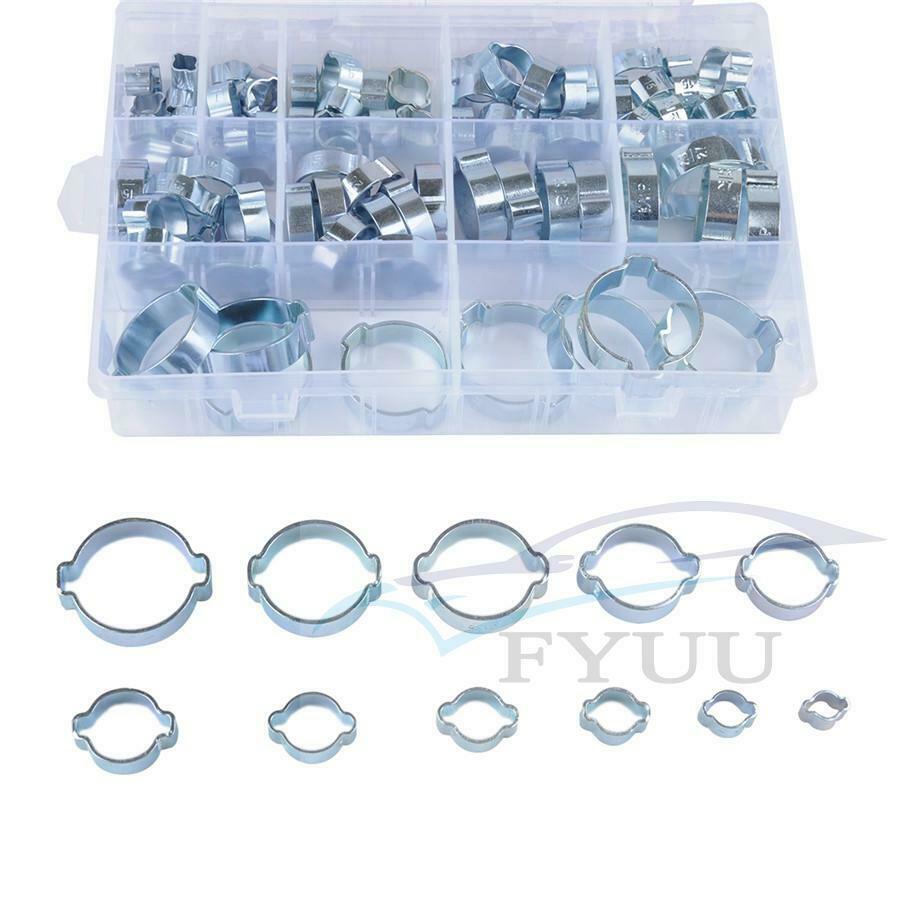 100X Double Ear Hose Clips Water Fuel Air Clamps 5-31MM Zinc Plated Box + Pliers