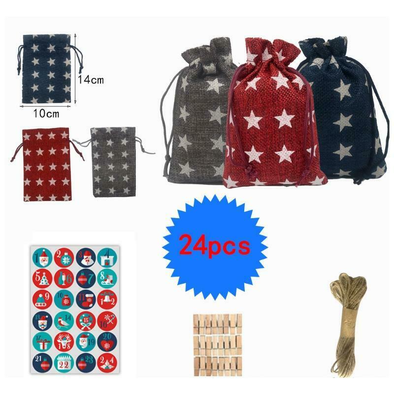 Christmas 2021 Advent Calendar 24 Days Hanging Drawstring Candy Bags w/ Stickers