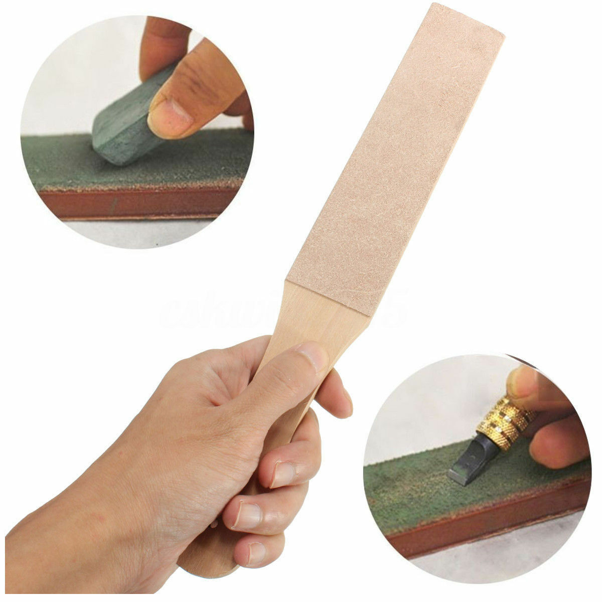 Wood Handle Leather Sharpening Strop For Razors 2 Sided Knives Polish Compound