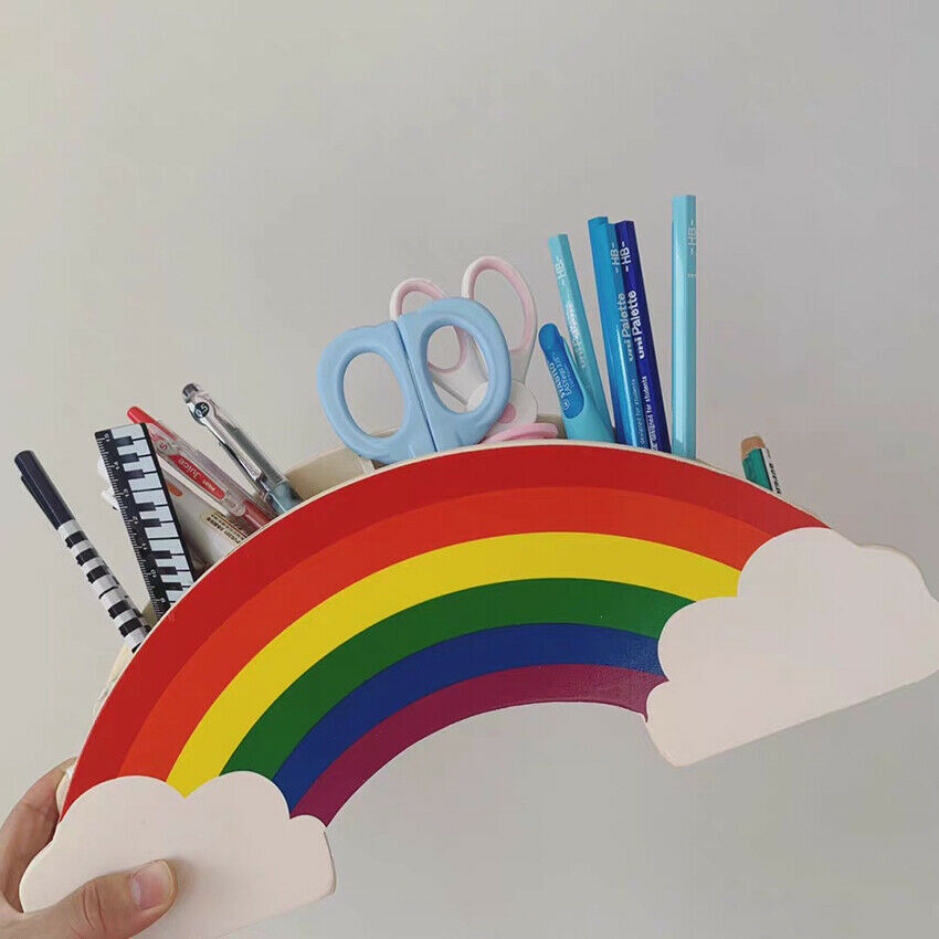 Wooden Pen Holder Rainbow Supply Caddy Desk Organizer Cute Kids Pencil Holder