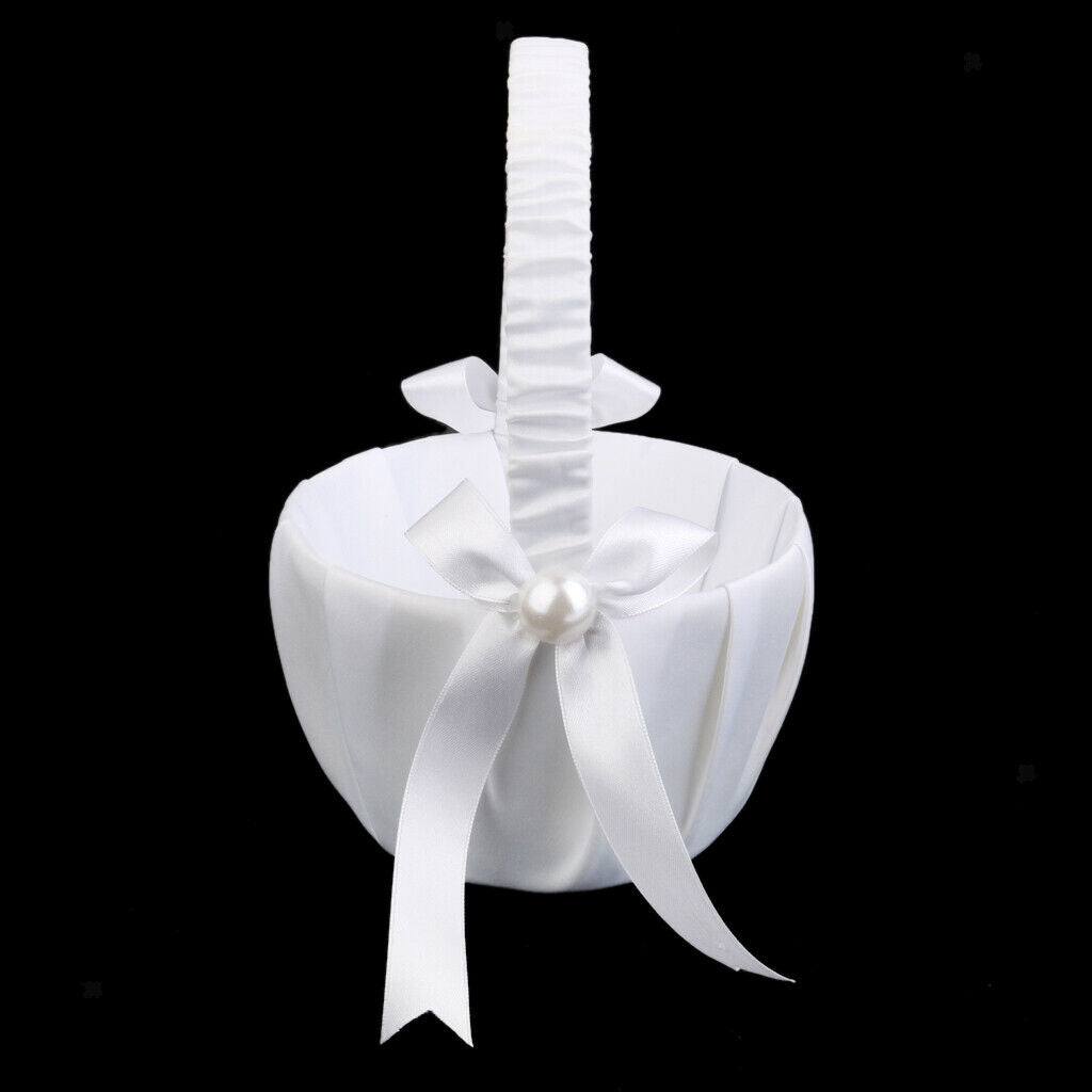 White   Flower Girl Basket for Wedding Decoration, Handle with Silk Ribbon