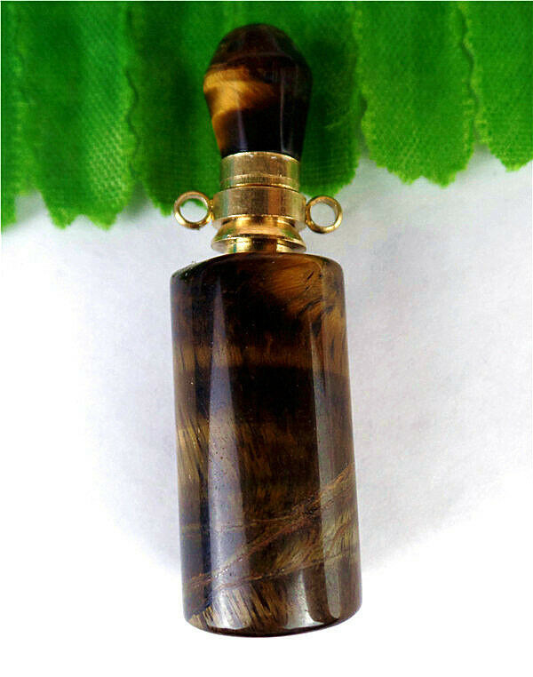 41x12mm Natural Brown Tiger Eye Gem Cylindrical Perfume Bottle Pendant HL81095