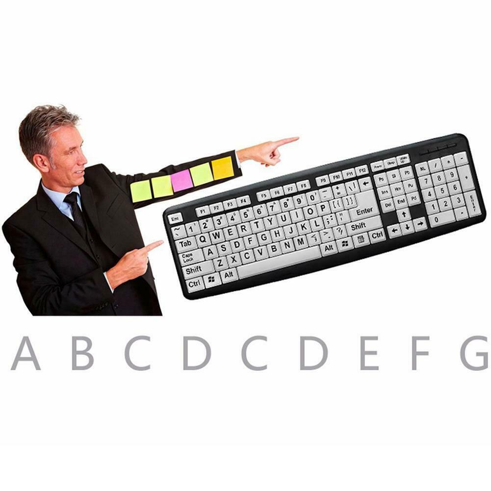 107 Keys USB Wired Large Print White Keys Black Letter Keyboard for Elderly Old