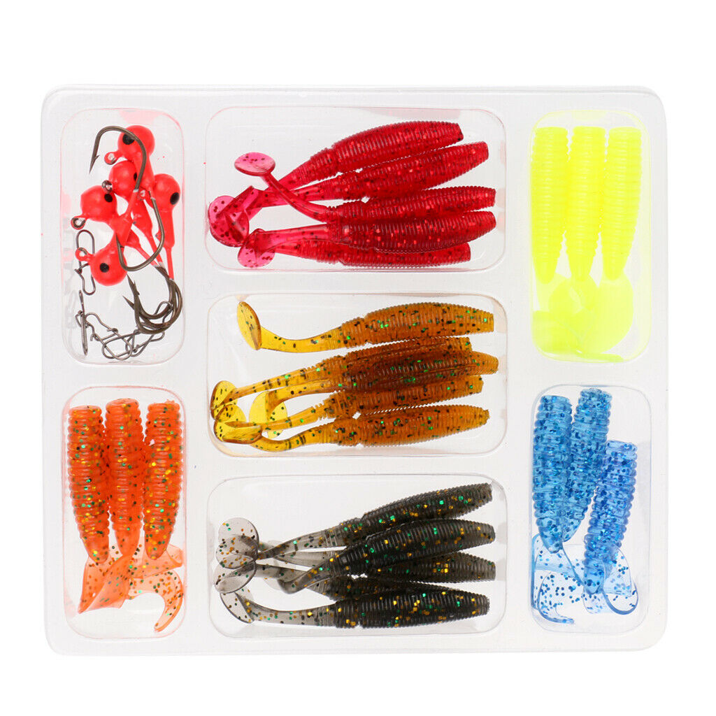 Assorted Tail Grub Worm Plastic Fishing Lure Micro Jig Head Tackle Bait