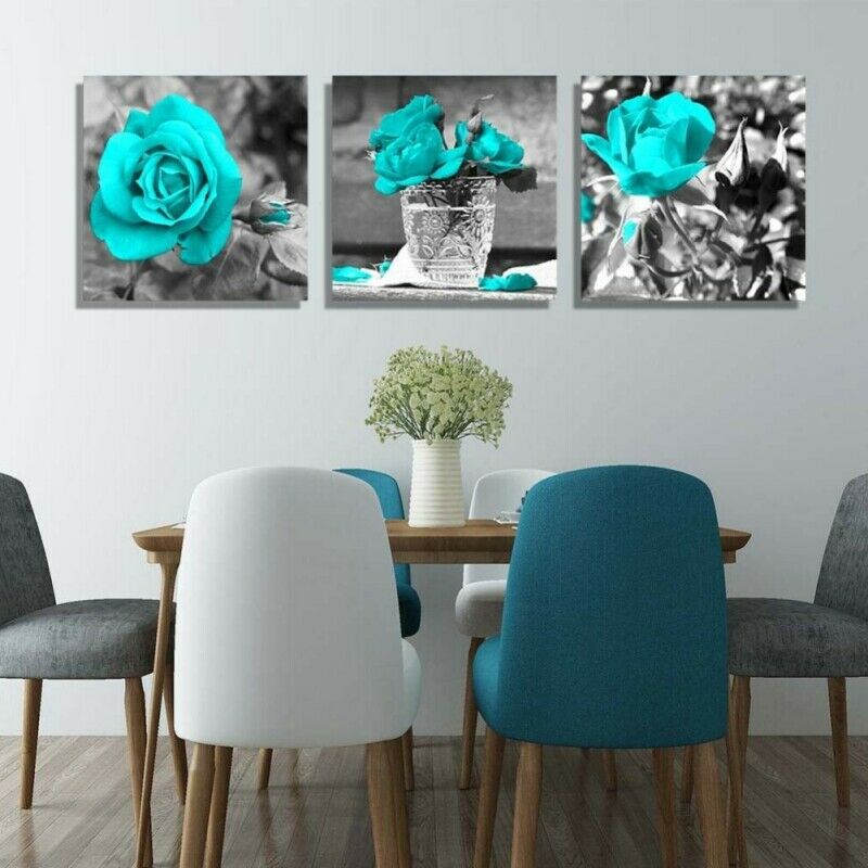 12x12â€ 3 Panels Canvas Wall Blue Rose Painting Pictures Wall Art Decor Home