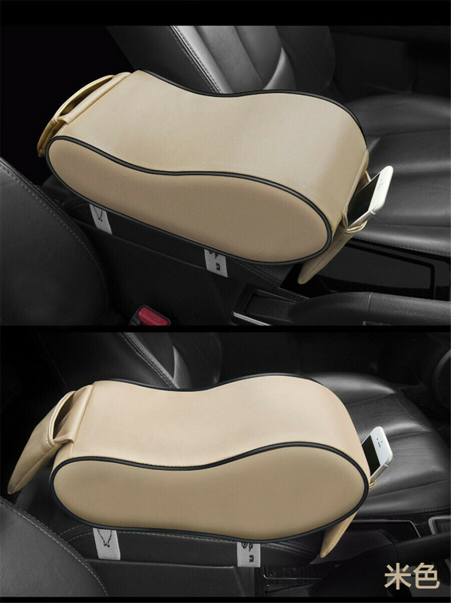 Beige PU Leather Car SUV Center Armrest Box Cover Arm Pad Storage with Pouch Bag