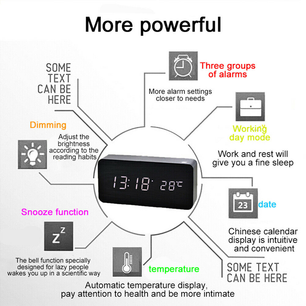 Digital LED Desk Table Alarm Clock Wooden Temperature Alarm Modern Home Decor