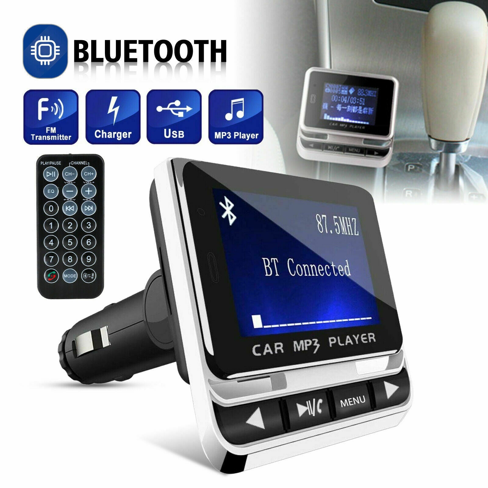 Bluetooth Wireless Car FM Transmitter Aux USB Charger Hands-Free Call 1.4 inch