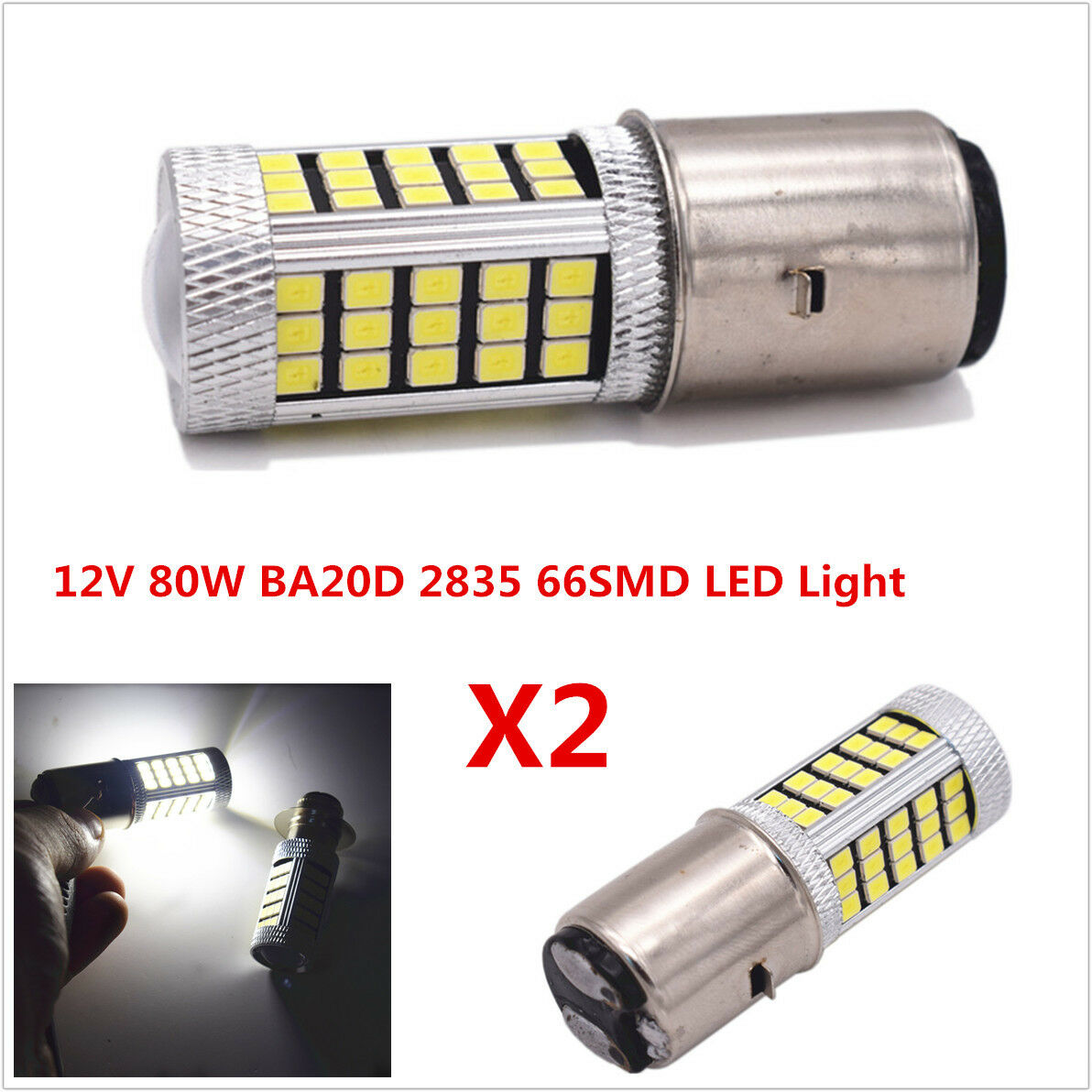 1Pair 12V 80W White LED BA20D 2835 66SMD Motorcycle Headlight DRL Fog Light Bulb