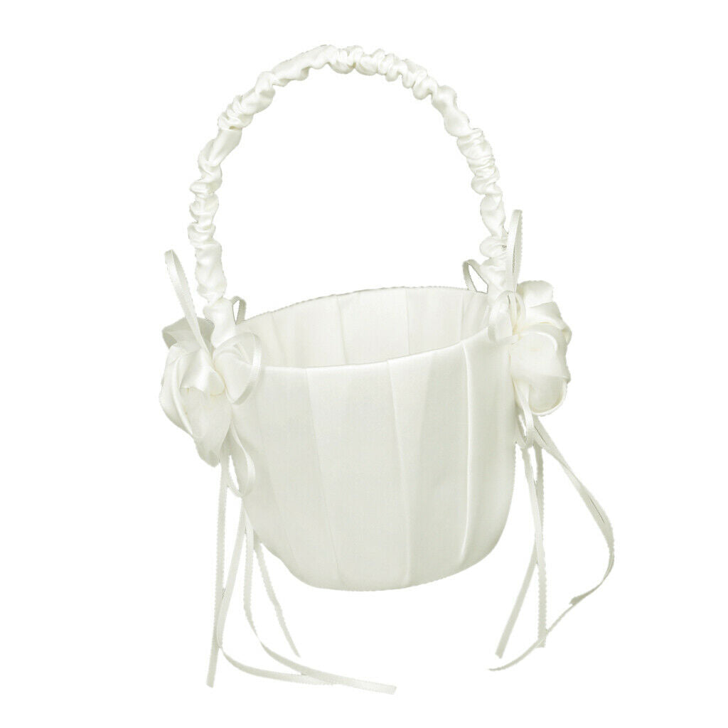 Flower Girl Basket - Elegant White Satin with Lace Decor Baskets for Flower Girl