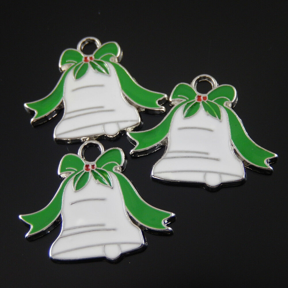 20 pcs Christmas Charm Bell Shaped Enamel Paint Pendant DIY Crafts 21x18mm
