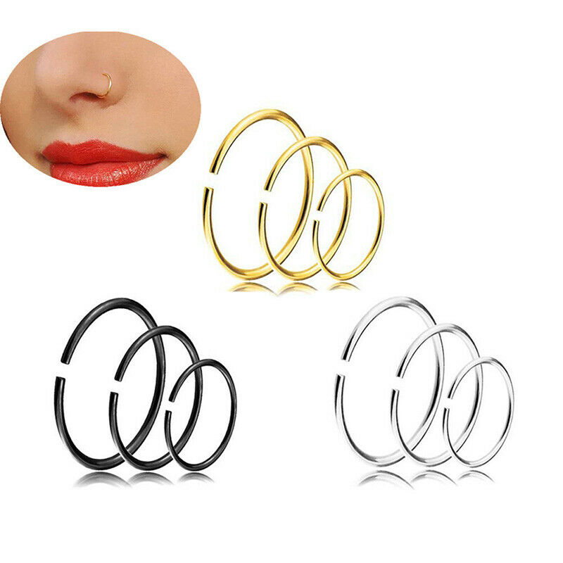 9Pcs Nose Ring Open Hoop Lip Body Piercing clip on Studs Stainless Steel .l8