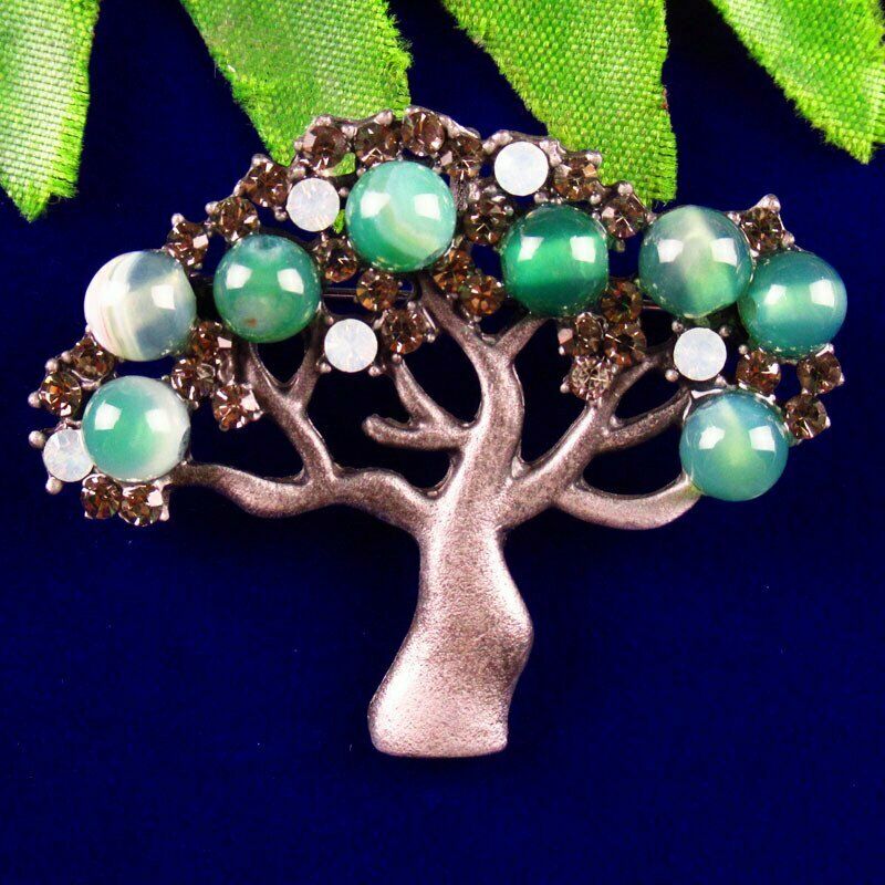 Green Agate Beads Rhinestone Alloy Enamel Tree of Life Pendant Brooch BL-38