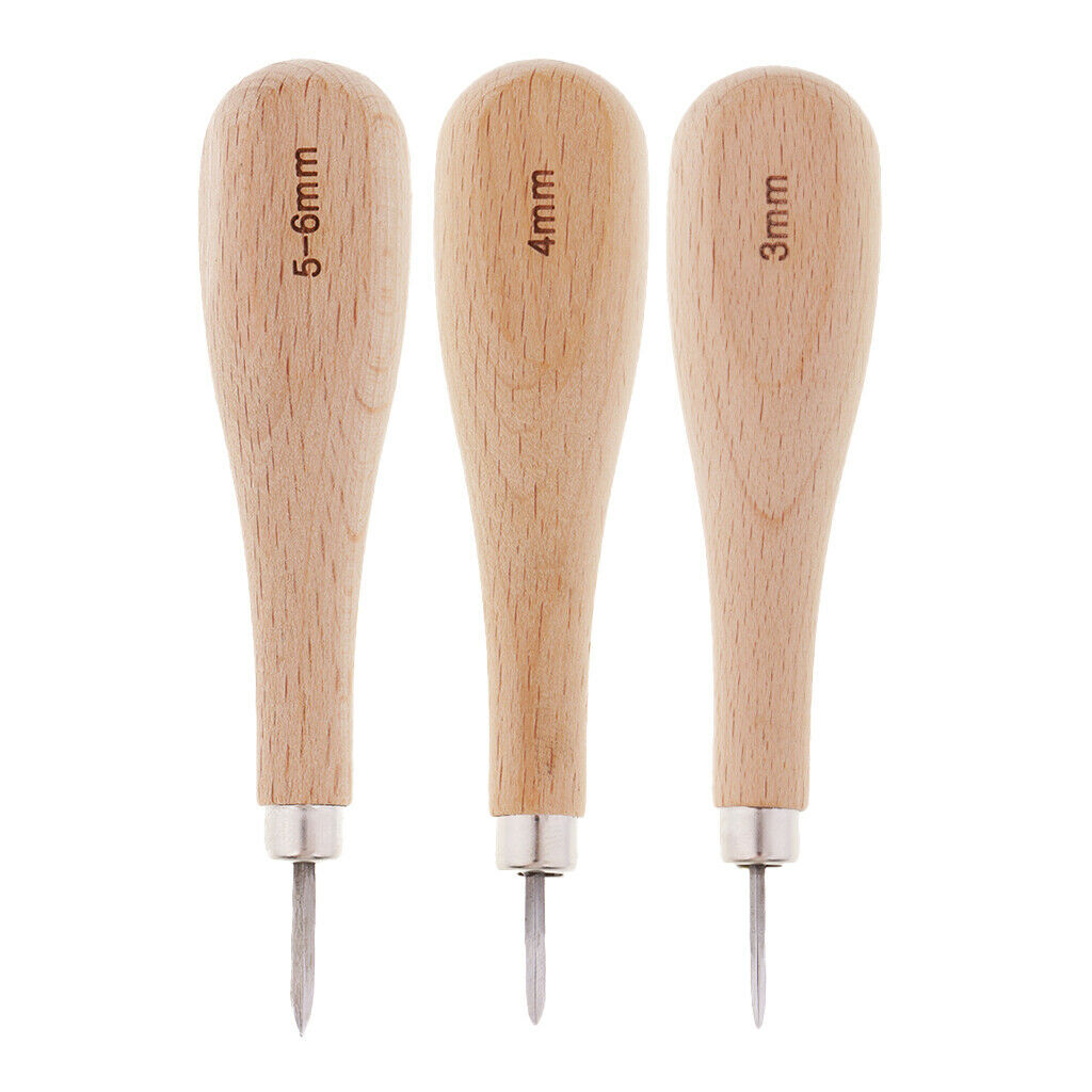 Professional 3 Pcs / Set Leather Tool Wooden Handle Steel Awl for