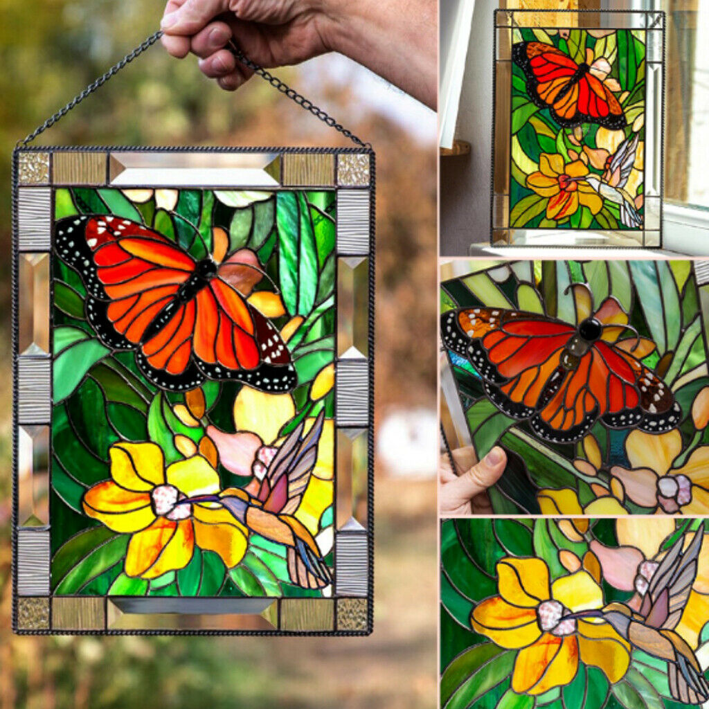 2pcs Stained Glass Rectangle Window Panel Handcrafted Pendant 8x6 Inches