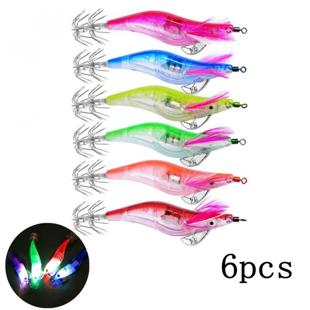 6pcs LED Electronic Luminous Shrimp Squid Octopus Bait Fishing Jigs Lure