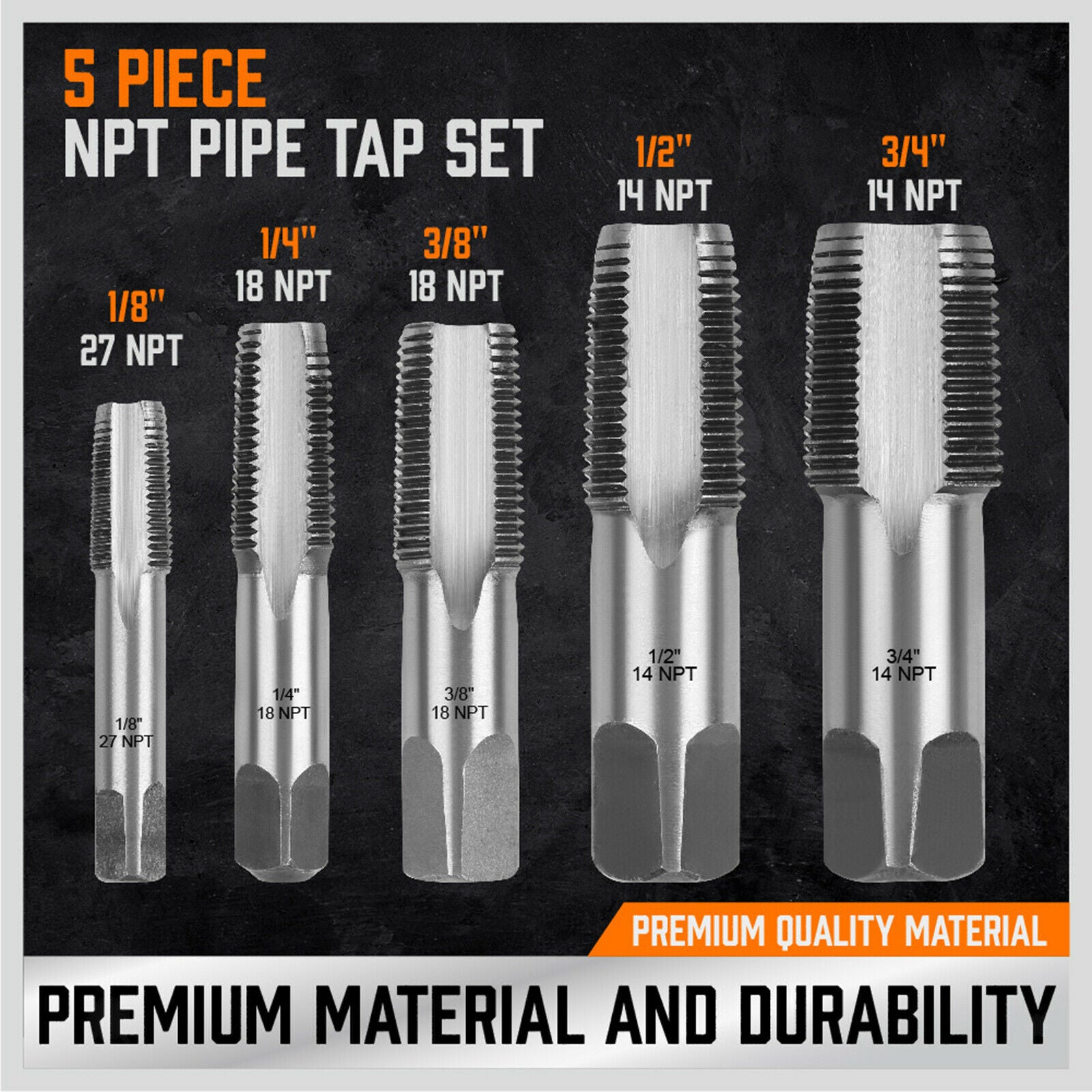 Set of 5 NPT Pipe Tap Set Carbon Steel Rethread Jam Pipe Threads 1/8" 1/2"