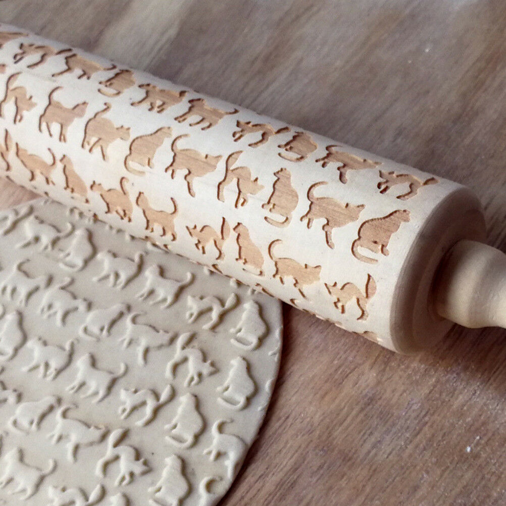 Cat Pattern Wooden Engraved Rolling Pin Cut Cookie Cake Pizza Baking Tool tdJ SJ