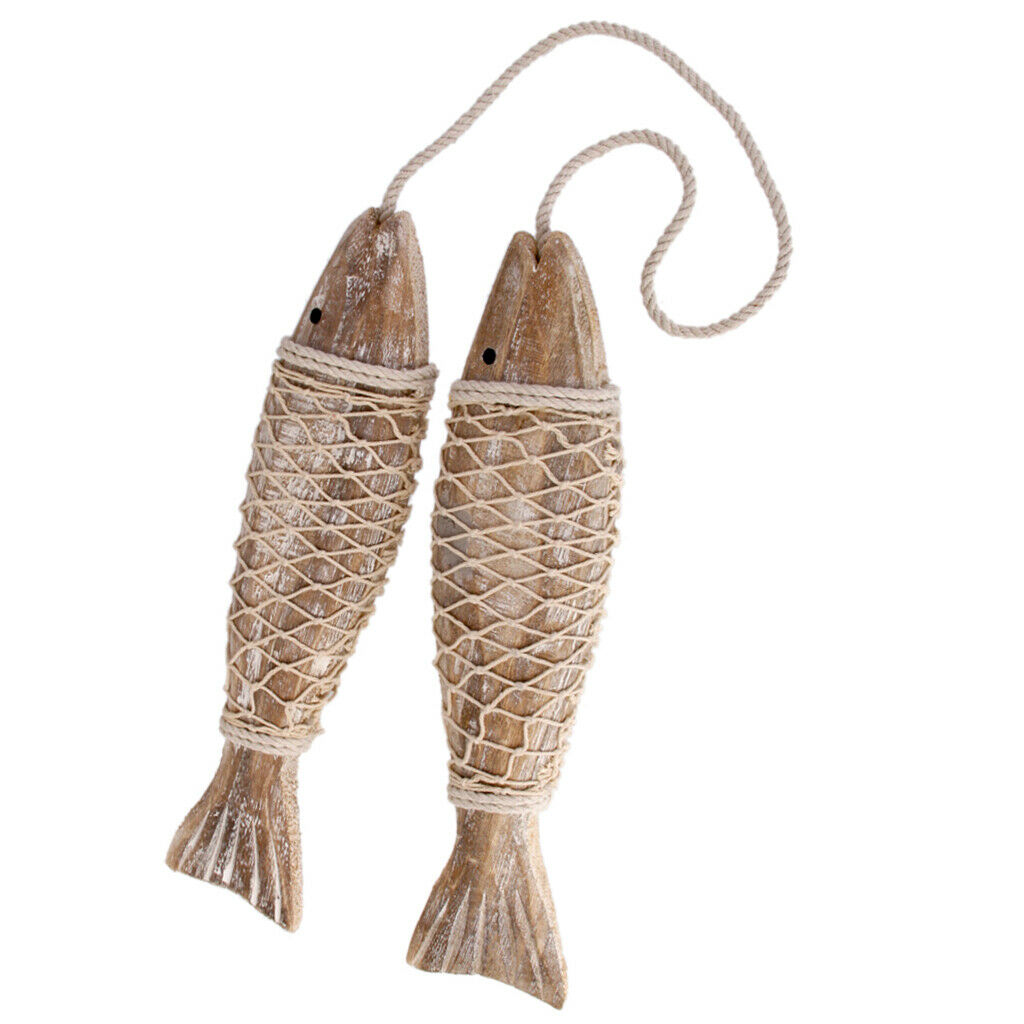 2x Hand Carved Nautical Wooden Marine Fish Rope Wall Hanging Home