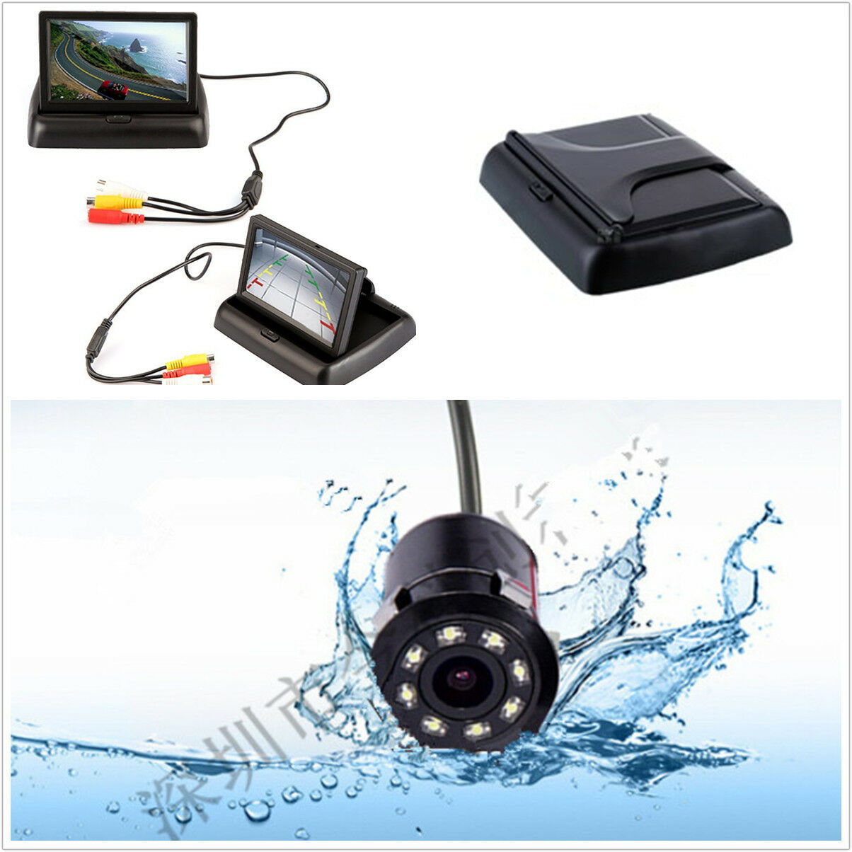 Car Rear View Backup 8LED IR Night   Camera + 4.3" Foldable Display Monitor