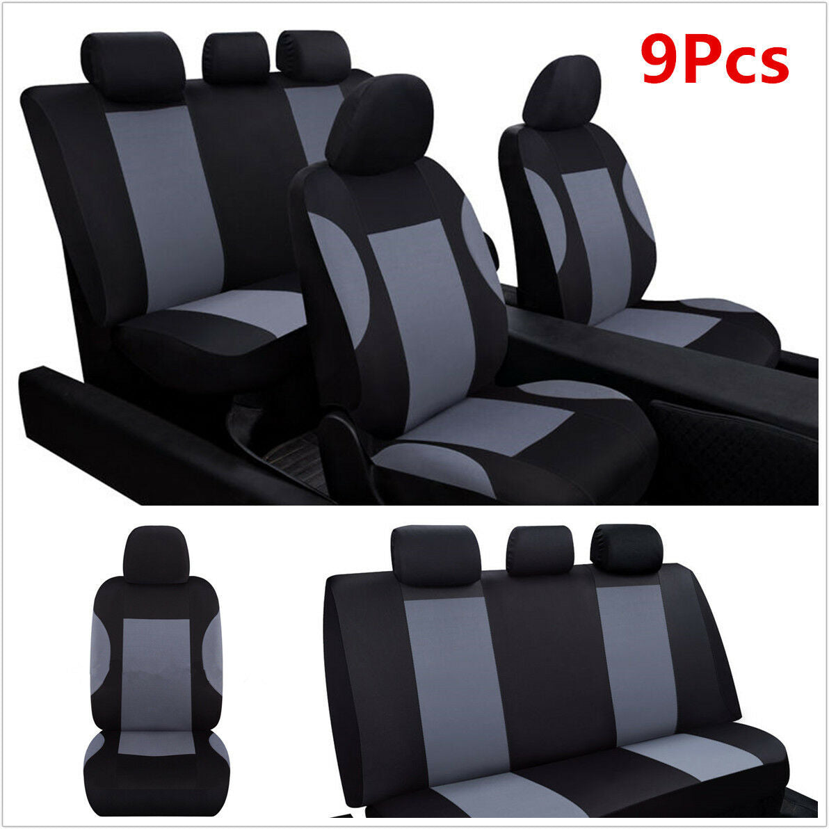 9 Part Car Seat Covers Protector Set for Auto Car Front & Rear Seats Headrests