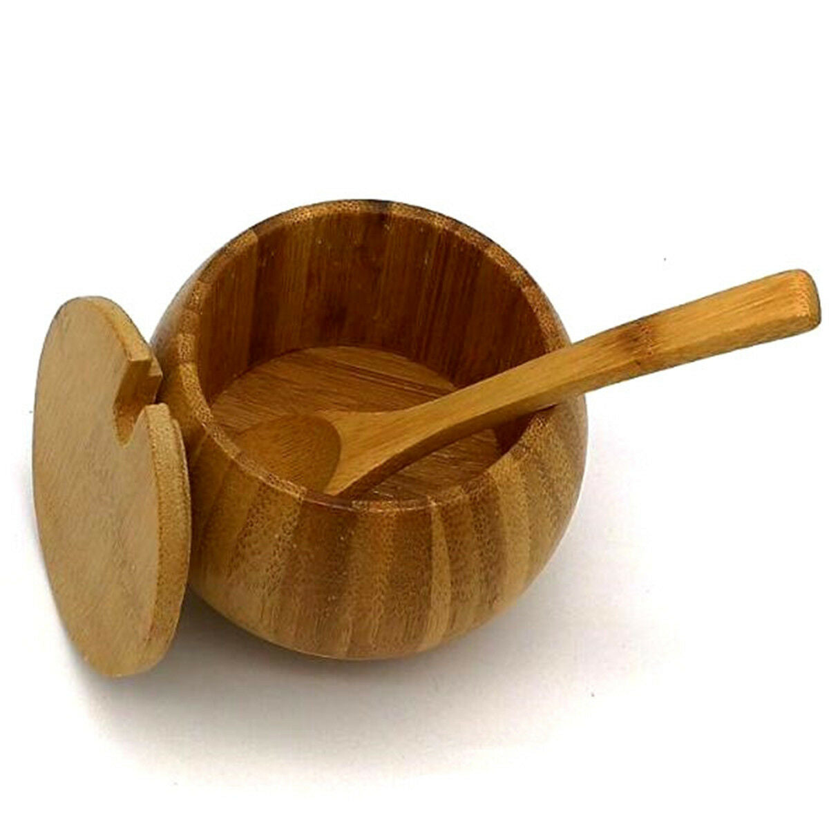 Bamboo Salt & Pepper Box Wood Round Kitchen Storage Case With Lid And Spoon