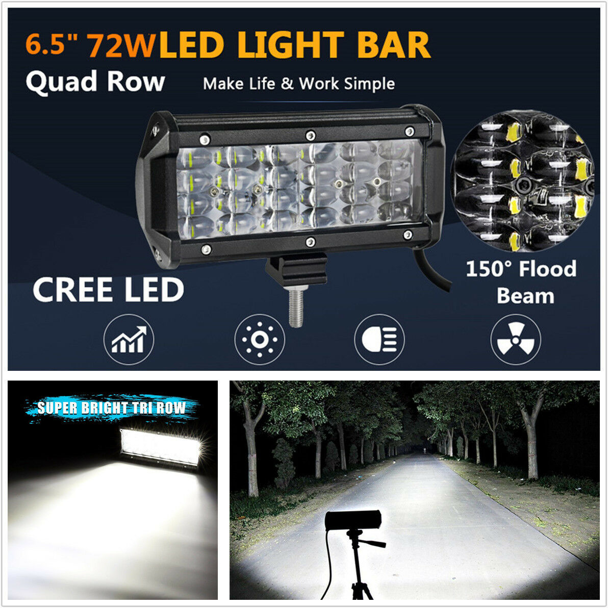 6.5" 72W Quad Row Light Bar Car Off-road Driving Fog Lamp Flood LED Work Light
