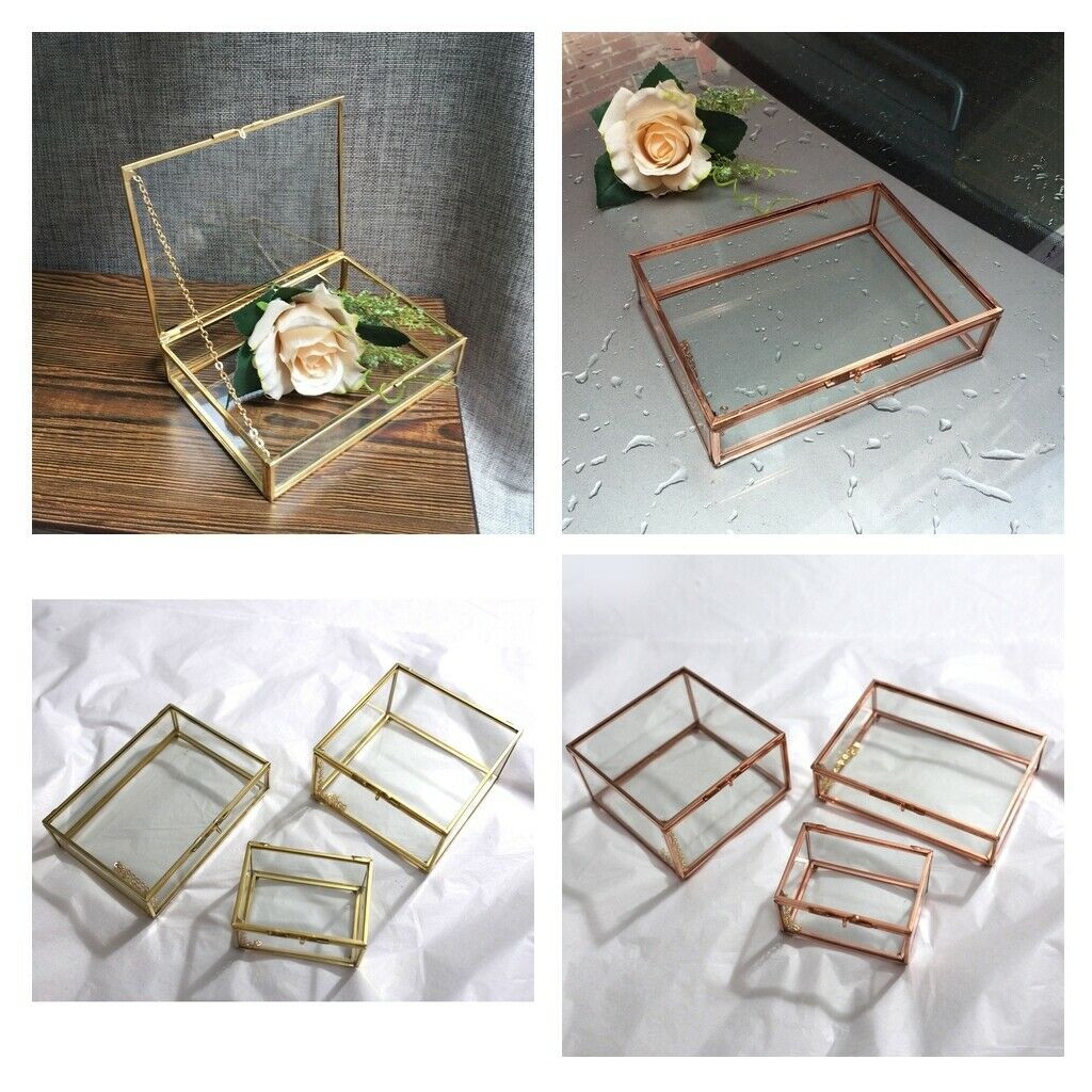 2X Modern Cuboid Glass&Metal Terrarium Transparent Clear Jewelry Case 10x7x6cm