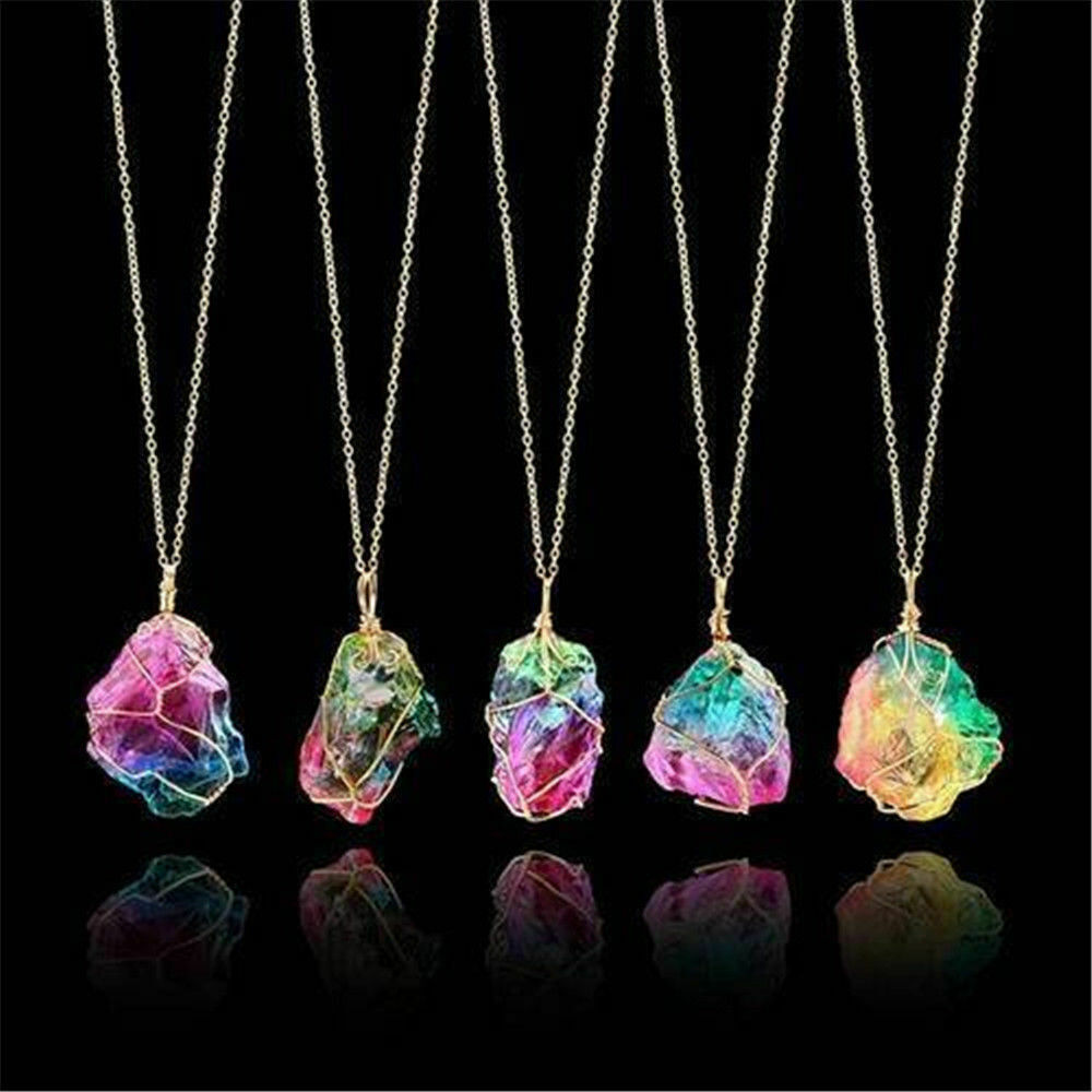Crystal Healing Stone Chakra Natural Pendant Necklace Colorful Chain Jewellery