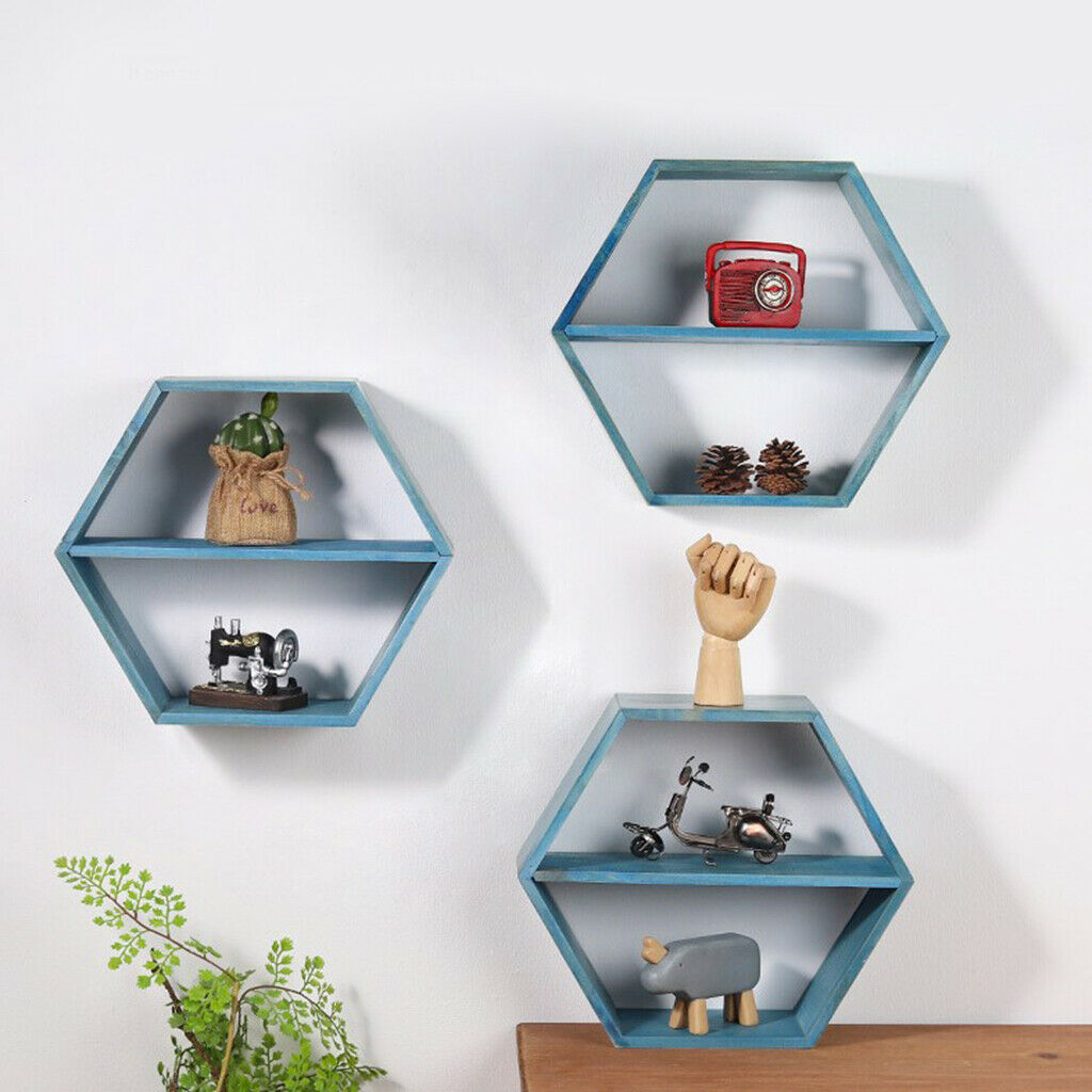 Wall Mounted Floating Shelf Picture Display Organizer Hexagon Bedroom Blue