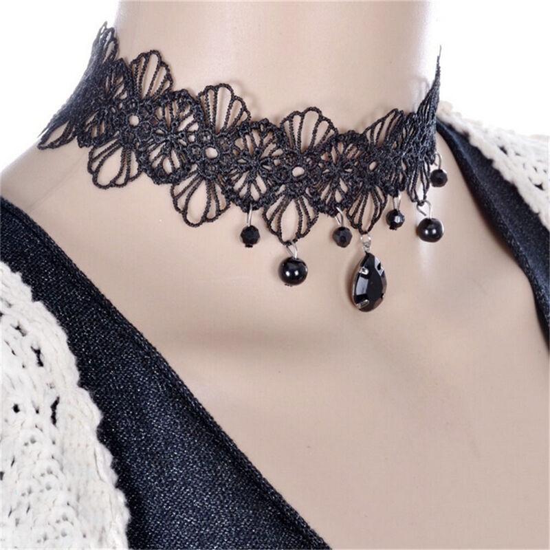 Fashion Gothic Black Lace Retro Choker Collar Flowers Pendant Necklace Jewelry