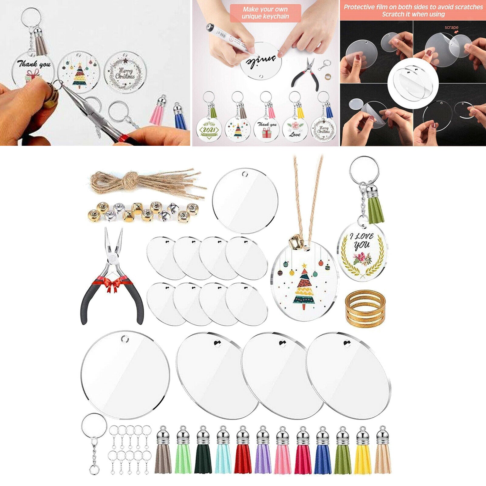 74Pc Acrylic Transparent Circle Blanks Keychain Tassels Set Including Acrylic