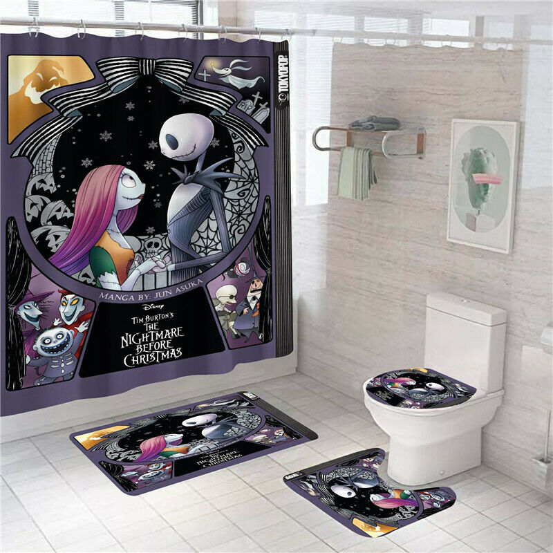 4Pcs The Nightmare Before Christmas Bathroom Rugs Toilet Mat Shower Curtain Set